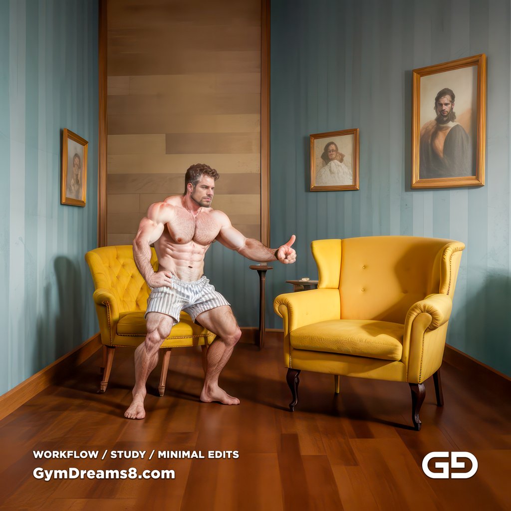 Studies. The Chair No. 2, after Elias Avramidis, 2023. Paintings of a man and a yellow chair. Rendered with Stable Diffusion and Airfuck’s Brute Mix.