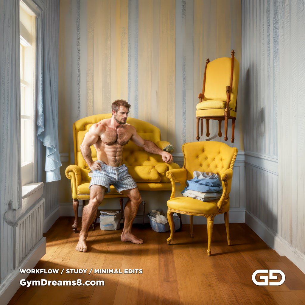 Studies. The Chair No. 2, after Elias Avramidis, 2023. Paintings of a man and a yellow chair. Rendered with Stable Diffusion and Airfuck’s Brute Mix.