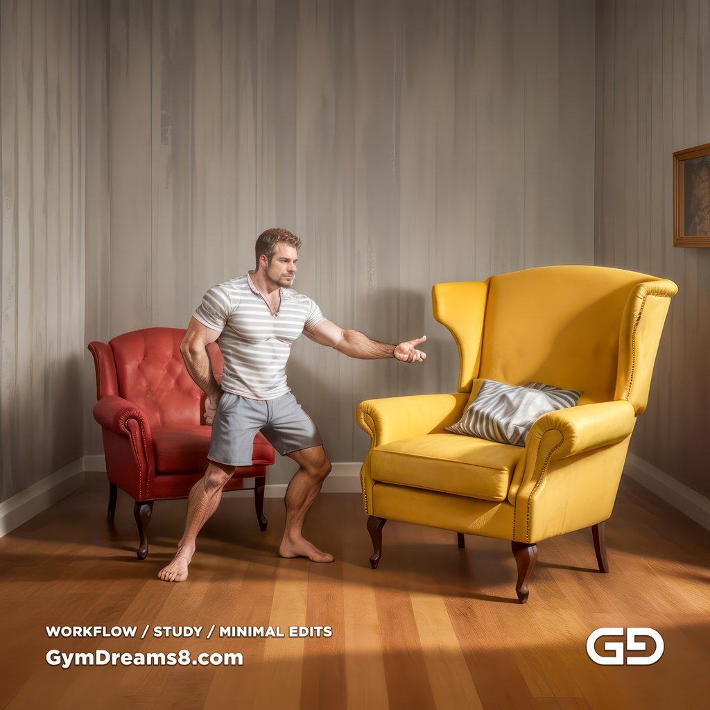 Studies. The Chair No. 2, after Elias Avramidis, 2023. Paintings of a man and a yellow chair. Rendered with Stable Diffusion and Airfuck’s Brute Mix.