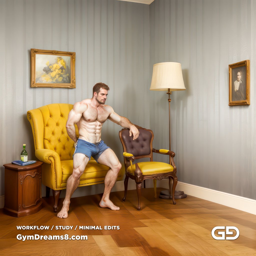 Studies. The Chair No. 2, after Elias Avramidis, 2023. Paintings of a man and a yellow chair. Rendered with Stable Diffusion and Airfuck’s Brute Mix.