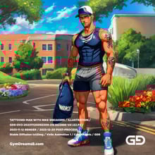 Tattooed Gymbro going to a date, after Ben Wedgie’s photo in Nike and flowers. Stable Diffusion txt2img with Virile Animation and Control Nets.