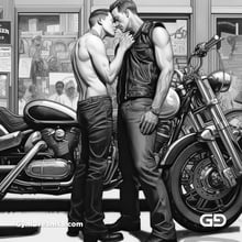 Kiss, Leather, and Motorcycle. Bikers in Black and White. Comic book illustrations. Midjourney v5.
