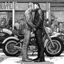 Kiss, Leather, and Motorcycle. Bikers in Black and White. Comic book illustrations. Midjourney v5.