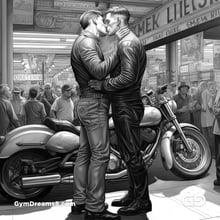 Kiss, Leather, and Motorcycle. Bikers in Black and White. Comic book illustrations. Midjourney v5.
