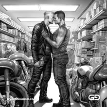 Kiss, Leather, and Motorcycle. Bikers in Black and White. Comic book illustrations. Midjourney v5.