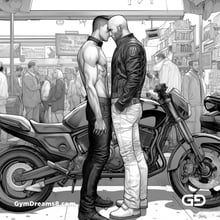 Kiss, Leather, and Motorcycle. Bikers in Black and White. Comic book illustrations. Midjourney v5.