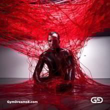 Bound / Connected. Art installation with male figure and red wires, after Chiharu Shiota.