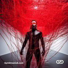 Bound / Connected. Art installation with male figure and red wires, after Chiharu Shiota.