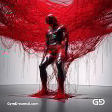 Bound / Connected. Art installation with male figure and red wires, after Chiharu Shiota.