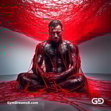 Bound / Connected. Art installation with male figure and red wires, after Chiharu Shiota.