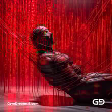 Bound / Connected. Art installation with male figure and red wires, after Chiharu Shiota.