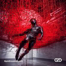 Bound / Connected. Art installation with male figure and red wires, after Chiharu Shiota.