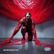 Bound / Connected. Art installation with male figure and red wires, after Chiharu Shiota.