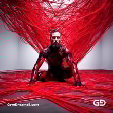 Bound / Connected. Art installation with male figure and red wires, after Chiharu Shiota.