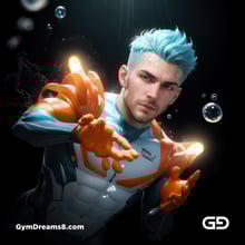 Bubble 5. Underwater Superhero. Teal, Orange, Black, and White. Made with Midjourney, Stable Diffusion, and Airfuck’s Wild Mix.