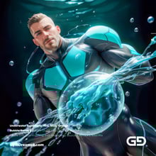 Underwater Superhero. Teal, Blue, Orange Accent. Midjourney, Stable Diffusion, and Airfuck’s Wild Mix.