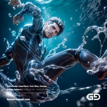 Underwater Superhero. Teal, Blue, Orange Accent. Midjourney, Stable Diffusion, and Airfuck’s Wild Mix.