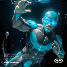 Underwater Superhero. Teal, Blue, Orange Accent. Midjourney, Stable Diffusion, and Airfuck’s Wild Mix.