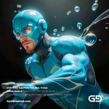 Underwater Superhero. Teal, Blue, Orange Accent. Midjourney, Stable Diffusion, and Airfuck’s Wild Mix.