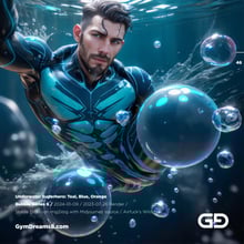 Underwater Superhero. Teal, Blue, Orange Accent. Midjourney, Stable Diffusion, and Airfuck’s Wild Mix.
