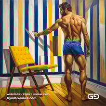 Yellow Chair Variations, after The Chair No. 2 by Elias Avramidis, 2023. Paintings of a man and a yellow chair. Rendered with Stable Diffusion and SDXL.