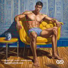 Yellow Chair Variations, after The Chair No. 2 by Elias Avramidis, 2023. Paintings of a man and a yellow chair. Rendered with Stable Diffusion and SDXL.