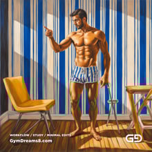 Yellow Chair Variations, after The Chair No. 2 by Elias Avramidis, 2023. Paintings of a man and a yellow chair. Rendered with Stable Diffusion and SDXL.