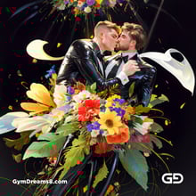 Flower Abstract Kiss. Abstract composition of gay couple kissing in a field of flowers. Stable Diffusion with Shuffle control net, Virile Fusion.