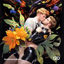 Flower Abstract Kiss. Abstract composition of gay couple kissing in a field of flowers. Stable Diffusion with Shuffle control net, Virile Fusion.