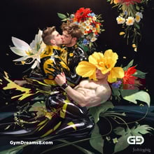 Flower Abstract Kiss. Abstract composition of gay couple kissing in a field of flowers. Stable Diffusion with Shuffle control net, Virile Fusion.
