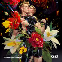 Flower Abstract Kiss. Abstract composition of gay couple kissing in a field of flowers. Stable Diffusion with Shuffle control net, Virile Fusion.