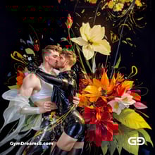 Flower Abstract Kiss. Abstract composition of gay couple kissing in a field of flowers. Stable Diffusion with Shuffle control net, Virile Fusion.