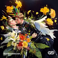 Flower Abstract Kiss. Abstract composition of gay couple kissing in a field of flowers. Stable Diffusion with Shuffle control net, Virile Fusion.