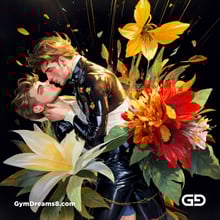 Flower Abstract Kiss. Abstract composition of gay couple kissing in a field of flowers. Stable Diffusion with Shuffle control net, Virile Fusion.