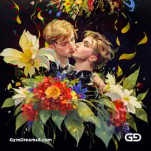 Flower Abstract Kiss. Abstract composition of gay couple kissing in a field of flowers. Stable Diffusion with Shuffle control net, Virile Fusion.