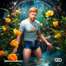 Ginger Flowers. Young men with ginger beard in a field of flowers, with Stable Diffusion and Virile Fantasy.