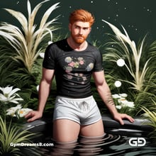 Ginger Flowers. Young men with ginger beard in a field of flowers, with Stable Diffusion and Virile Fantasy.