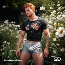 Ginger Flowers. Young men with ginger beard in a field of flowers, with Stable Diffusion and Virile Fantasy.