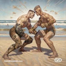 Gladiators Fight at the Beach 1v1. Illustrations, Midjourney v5