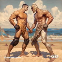 Gladiators Fight at the Beach 1v1. Illustrations, Midjourney v5