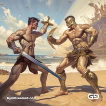 Gladiators Fight at the Beach 1v1. Illustrations, Midjourney v5