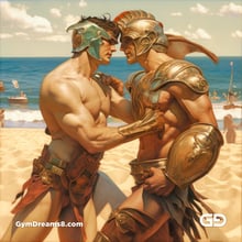 Gladiators Fight at the Beach 1v1. Illustrations, Midjourney v5