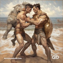 Gladiators Fight at the Beach 1v1. Illustrations, Midjourney v5