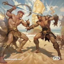 Gladiators Fight at the Beach 1v1. Illustrations, Midjourney v5
