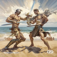 Gladiators Fight at the Beach 1v1. Illustrations, Midjourney v5