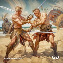 Gladiators Fight at the Beach 1v1. Illustrations, Midjourney v5
