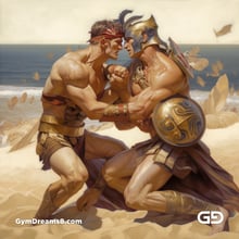 Gladiators Fight at the Beach 1v1. Illustrations, Midjourney v5