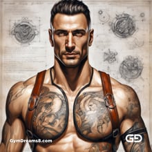 Leather Singlet. Mixed media. Oil over annotated mechanical blueprints, inspired by Leonardo Da Vinci. Stable Diffusion with SDXL.