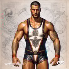 Leather Singlet. Mixed media. Oil over annotated mechanical blueprints, inspired by Leonardo Da Vinci. Stable Diffusion with SDXL.