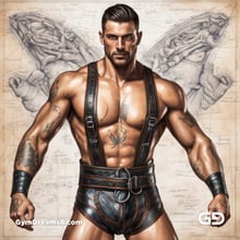 Leather Singlet. Mixed media. Oil over annotated mechanical blueprints, inspired by Leonardo Da Vinci. Stable Diffusion with SDXL.